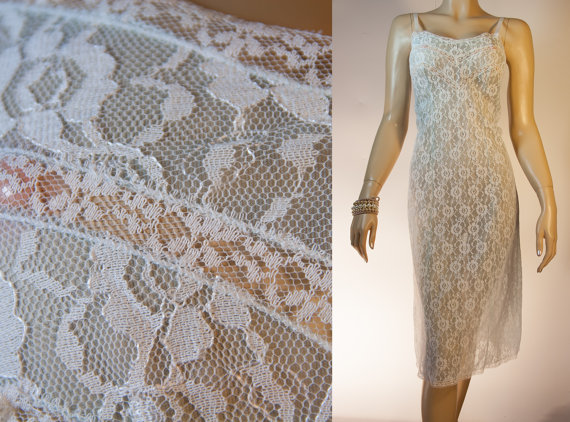 زفاف - Stunning Pompadour outrageously sheer double layer delicate white lace and soft aqua Perlon 1950's vintage full slip petticoat - 2752