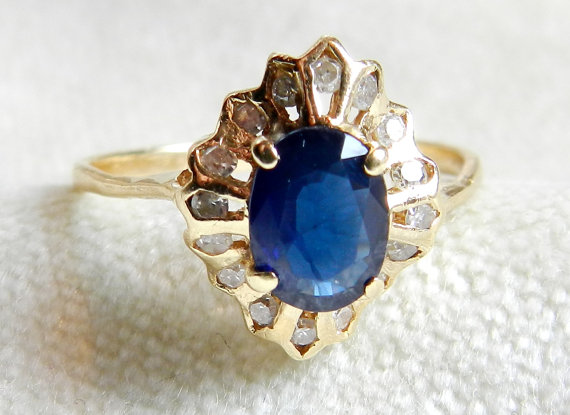 Свадьба - Vintage Blue Sapphire Engagement Ring, 1 Ct Sapphire Diamond Halo Ring 14K September Birthday