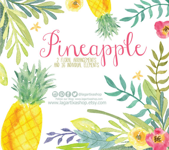 زفاف - Pineapple Watercolor clipart, Florals PNG, hawaiian wedding bouquet, arrangement, digital paper, flowers, bridal shower, for blog banner