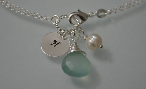 Hochzeit - Personalized Initial Bracelet,Aqua Blue Chalcedony With Pearl Bracelet,Beach Wedding Jewelry,Beach Bracelet,Bridesmaid Gift