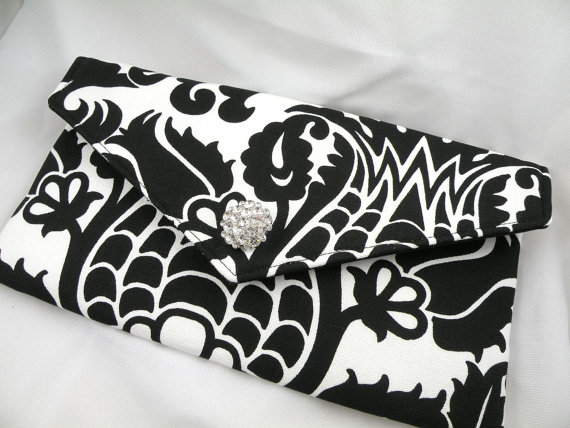 Mariage - Envelope Clutch Evening Bag Purse Clutch Wedding Bride Bridesmait--Black and White Amsterdam Damask with Clear Crystal--8 Colors Available