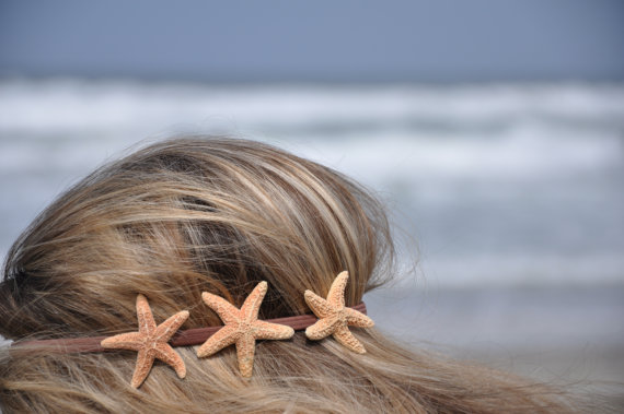 زفاف - Triple Starfish Headband Three Starfish on Elastic Headband Hippie Headwrap