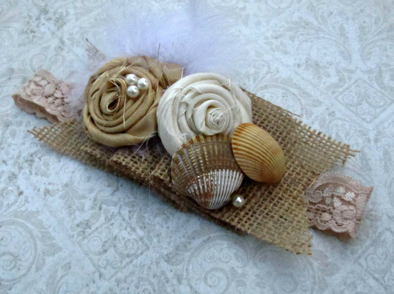 Свадьба - Girl Burlap & Seashells Lace Headband- One Of A Kind- Baby Headband- Toddler Headband- Women Headband- Beach Wedding-