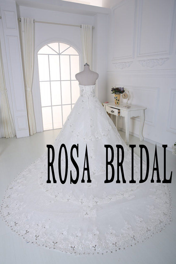 Hochzeit - Cathedral  wedding dress, Long train wedding bridal gown Beaded Custom Size