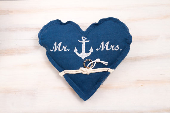 Wedding - Embroidered Nautical Ring Pillow Customizable Ring Bearer Pillow Blue Ring Bearer Wedding pillow, Bridal ring pillow, Heart Shaped Pillow