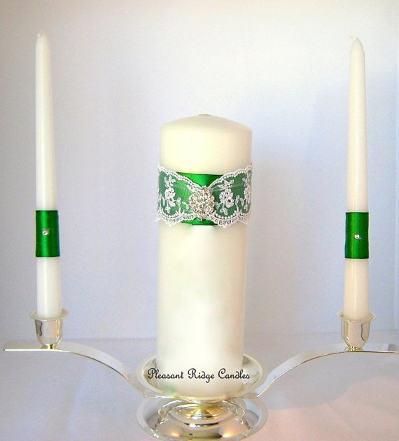 Mariage - Green Unity Candle Emerald Unity Candle Bling Unity Candle Lace Unity Candle Wedding Candle Cheap Unity Candle Ribbon Color Choice