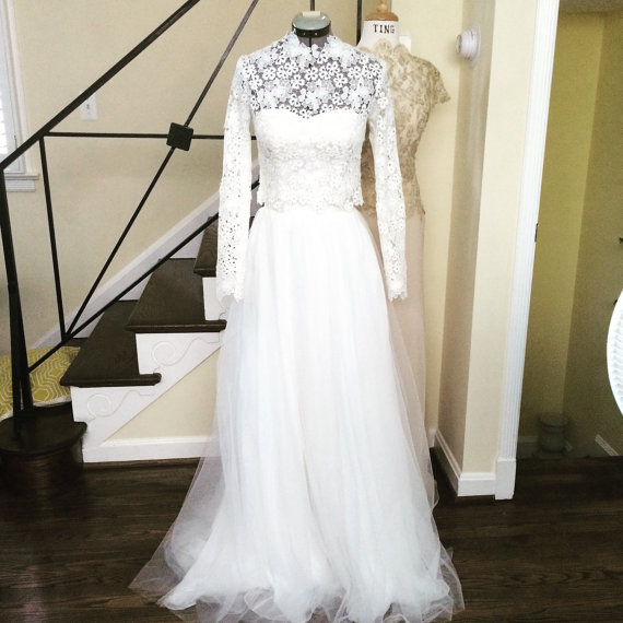زفاف - 2 piece long sleeves Wedding Dress Gown-high neckline with A line flowy chiffon tulle long skirt sweetheart-made to order