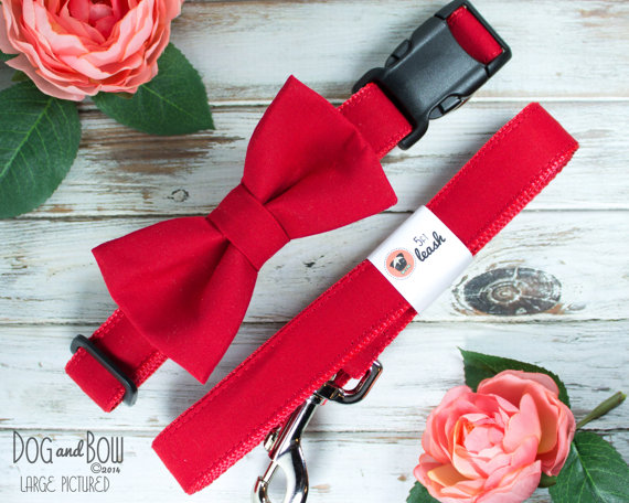 Wedding - Red Dog Collar with Removable Bow Tie