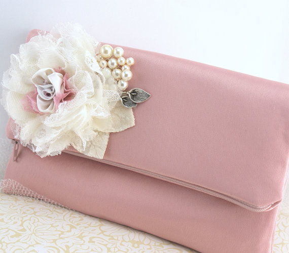 Свадьба - Bridal Clutch, Handbag, Bag, Purse, Bridesmaids in Dusty Rose, Champagne, Silver and Ivory with Satin, Lace and Pearls, Vintage Wedding