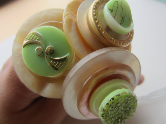 Wedding - vintage buttons. Beautiful stacked button trio, Mother of pearl, and glass (green), on long stem wires (Stack 5)