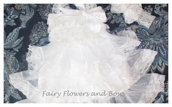 Hochzeit - White Rustic Lace Chiffon Dress with Matching Headband  ....Flower Girl Dress, Wedding Dress, Baptism Dress  (Infant, Toddler, Child)