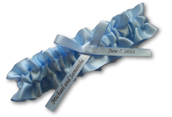 Hochzeit - Wedding Garter , beautiful baby Blue Satin personalized garter