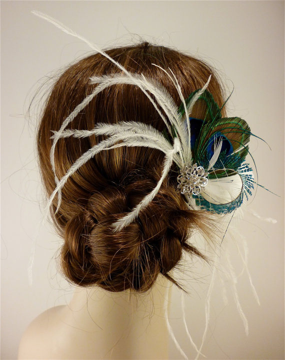 زفاف - Bridal Feather Fascinator, Bridal Fascinator, Feather Fascinator, Fascinator, Wedding Veil, Bridal Headpiece, Bridal Veil, Peacock