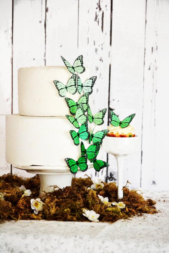 Hochzeit - Edible Ombre Monarch Butterflies - Food Decorations - Wedding Cake Topper - Cupcake Decoration -  Large Green Shown