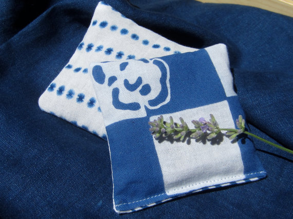 Wedding - Lavender Filled Sachets, set of 2. Japanese Blue and White Tenugui Fabric with Fresh Oregon Lavender.