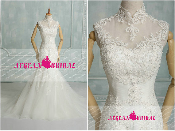 Свадьба - RW56 Lace Wedding Dress with Beading Crystal Mermaid Bridal Gown High Neck Bridal Dress 2014 Long Court train Sequined Wedding Gown