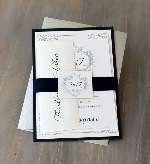 Wedding - Navy Monogram Wedding Invitations, Modern Wedding Invitations, Elegant Invitations, Silver & Navy Wedding  - "Classic Love" Sample