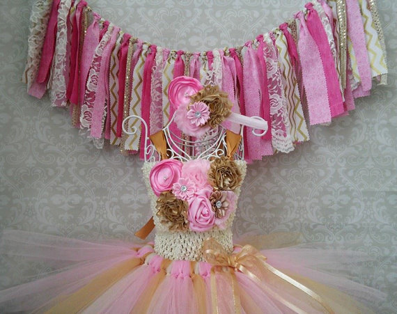 Wedding - Pink and Gold Birthday Tutu Dress with Matching Headband, Pink and Gold Flower Girl Dress