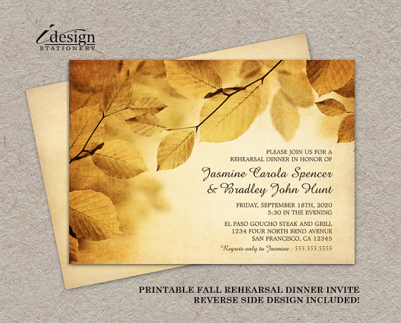 Свадьба - Fall Rehearsal Dinner Invitation With Rustic Fall Leaves, DIY Printable Fall Leaves Wedding Rehearsal Invitation Cards