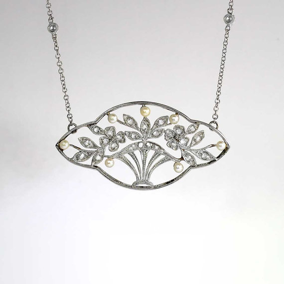 Mariage - Edwardian Bouquet Rose Cut Diamond & Seed Pearl Necklace Plat/18k