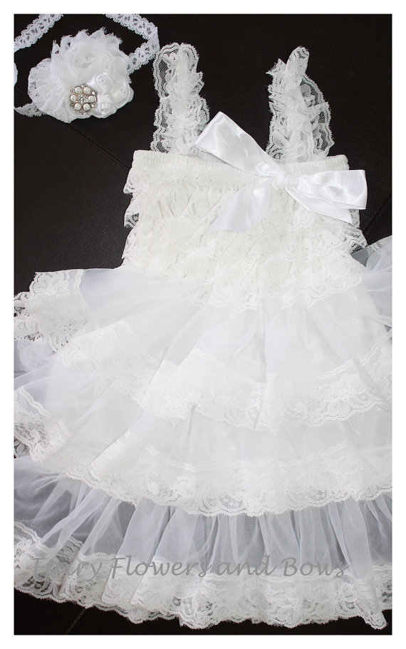 Wedding - White Rustic Lace Chiffon Dress with Fancy  Matching Headband...Flower Girl Dress, Wedding Dress, Baptism Dress  (Infant, Toddler, Child)