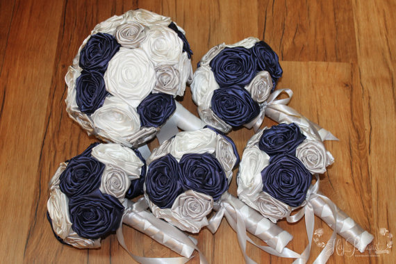 زفاف - DEPOSIT, Navy, Silver, & White Fabric Bouquet Package, Navy Blue Bouquet