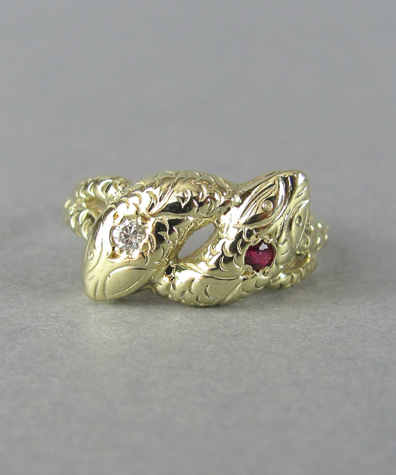 زفاف - RESERVED vintage double snake ring, diamond gold ring, ruby engagement ring, statement ring, gemstone ring, stacking ring, solid gold ring.