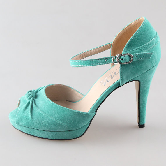 زفاف - Pale green blue mint sheepskin leather shoes , suede leather D'orsay heels wedding bridal bridalmaids shoes , vintage clip shoes