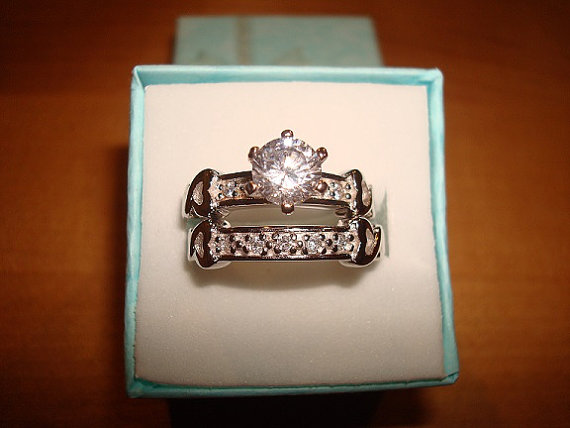 Свадьба - Diamond Cut White Sapphire 925 Sterling Silver Open Heart Engagement Wedding Ring Set Size 7