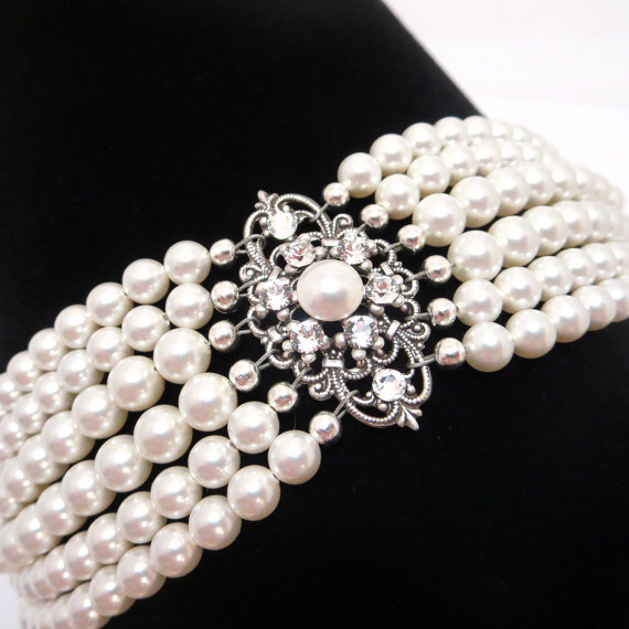Mariage - Bridal cuff bracelet, pearl bracelet, vintage style bracelet, wedding bracelet, wedding jewelry, Swarovski pearls and crystals