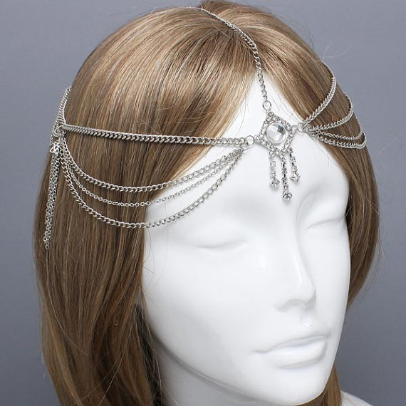 Mariage - ON SALE~! Bohemian Silver Evil Eye Head Chain Headpiece, Grecian headchain, House Of Harlow Style Gypsy head jewelry, Wedding Haadchain
