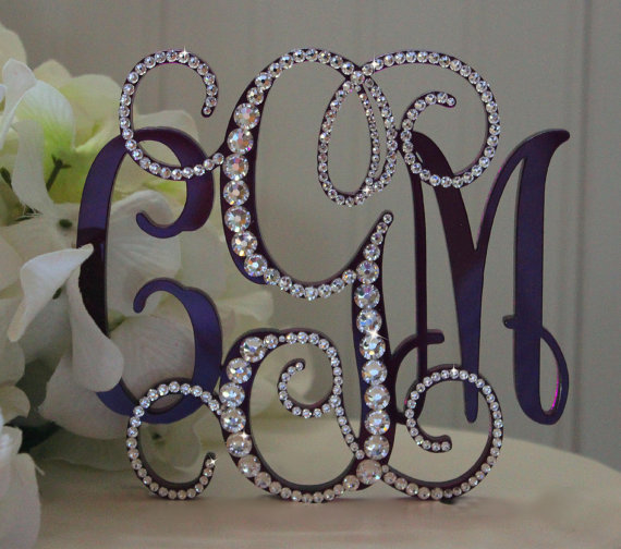 Wedding - Monogram 3-Initial Vine Wedding Cake Topper with Swarovski Crystals.  Letters A B C D E F G H I J K L M N O P Q R S T U V W X Y Z