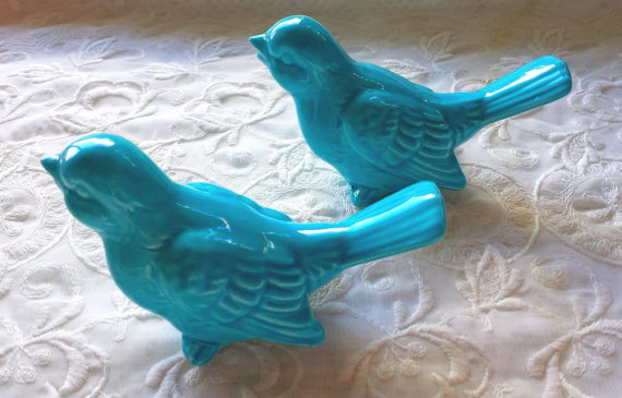 زفاف - Wedding Cake Topper Ceramic Birds  Vintage Ceramic in Turquoise bird home decor