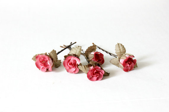 Wedding - Dark Pink Rosebuds Flower Hair Pins, Bridal, Whimsical, Summer, Spring,  bridesmaids, Weddings. Hair Accessories