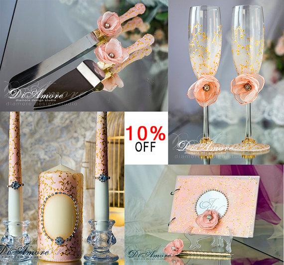 Wedding - 4pcs +1 gift - Blush pink, gold great Wedding SET: Champagne glasses/ cake server and knife/ guest book/ Unity Candle