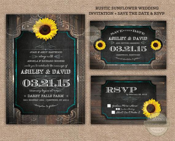 Wedding - Western Sunflower Wood Wedding Invitation Save the Date RSVP Printable Digital