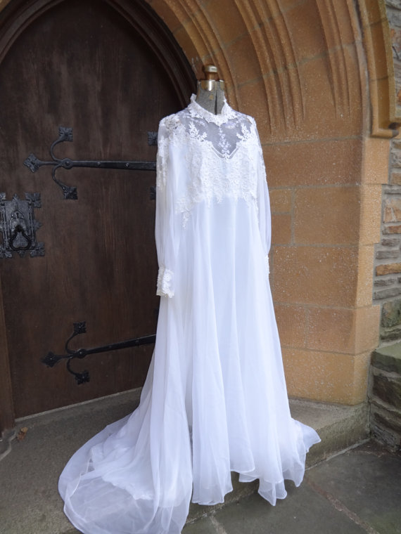 زفاف - Vintage women's wedding dress bridal 1960's original white lace MOD large plus