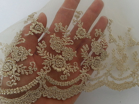 زفاف - 7" Gold Vintage Lace Trim, Embroidered Gauze Lace, Lovely Floral Embroidery Tulle Fabric for wedding bridal dress, lingerie, clothing
