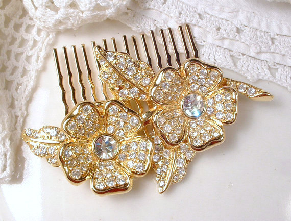 Wedding - OOAK Vintage Pave Rhinestone Gold Bridal Hair Comb, Art Deco Crystal Brooch to Hair Accessory Flower Garden Rustic Country Woodland Wedding