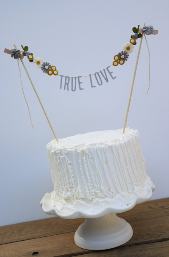 Wedding - Wedding Cake Banner - Wedding Cake Topper - True Love Cake Banner - Wedding Cake Topper: Mustard and Grey