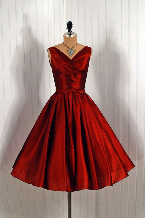 Свадьба - 1950's Vintage Jonny Herbert Couture Metallic-Red Silk Shelf-Bust Plunge Rockabilly Bombshell Circle-Skirt Party Dress