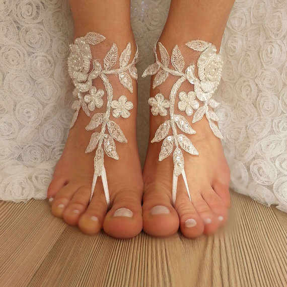 Hochzeit - ivory Barefoot silver frame , french lace sandals, wedding anklet, Beach wedding barefoot sandals, embroidered sandals.