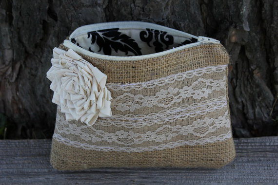Hochzeit - Burlap and Lace Wedding Clutch - Bridesmaid Clutch - Wedding Bag - Bridal Party - You Choose The Color Flower and Lining