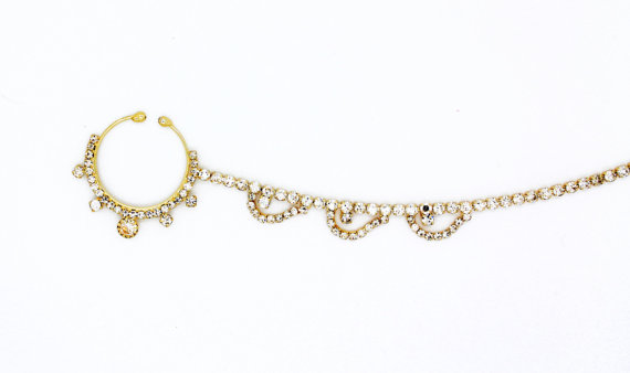 زفاف - Vintage Silver Gold Indian Bollywood Diamante Bead Nath Indian Nose Chain Nose Ring Nose Jewelry Jewellery Adjustable Bridal Wedding