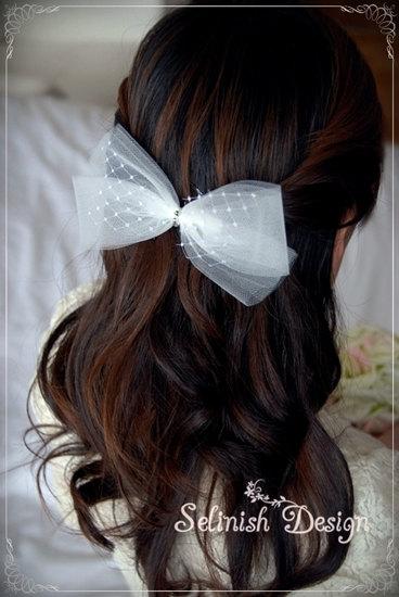 زفاف - Wedding Tulle Bow Clip or Headband,Flower Girl Bow, Special Occasion Hair Piece