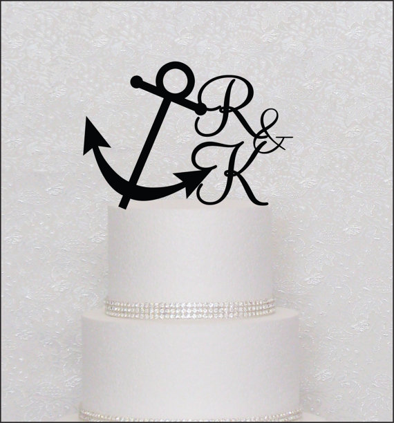 زفاف - Anchor with Initials Monogram Wedding Cake Topper in Black, Gold, or Silver