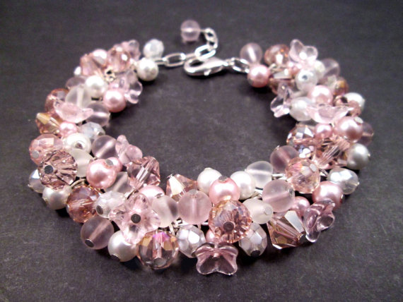 Wedding - Flower Charm Bracelet, Soft Pink and White Bouquet, Silver Cha Cha Style Bracelet, FREE Shipping U.S.
