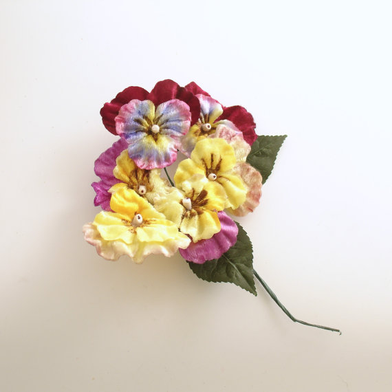 Hochzeit - Vintage Pansy Flower Bouquet Stems Wedding Bouquets Corsage Millinery