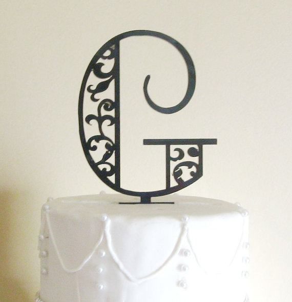 Hochzeit - Art Deco Scroll Monogram Wedding Cake Topper Black Silver or Gold