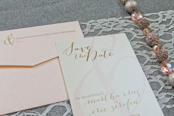 Hochzeit - Blush Pink and Gold Save the Date Wedding Card - Simple, Ampersand, Romantic - Martha and Eric